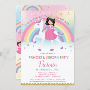Invitation Princess et Unicorn Rainbow Castle