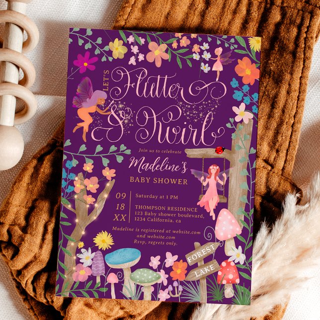 Invitation Princess fairy champignons fleurs baby shower chic (Princess fairy mushrooms flowers chic baby shower invitation)