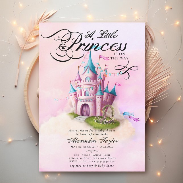 Invitation Princess Fairytale Castle Rose Baby Girl Douche (princess baby shower invitation pink fairytale enchanted magical castle watercolor cute modern)
