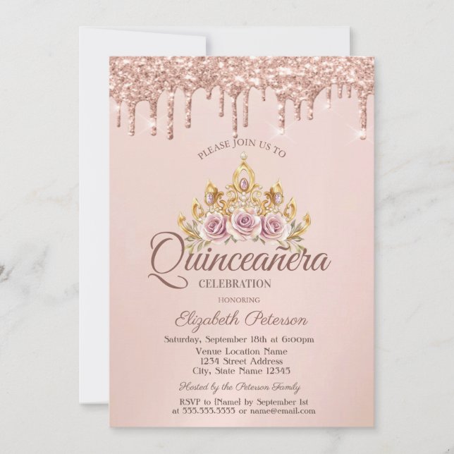 Invitation Princess Floral Rose Gold Drives Quinceañera (Devant)