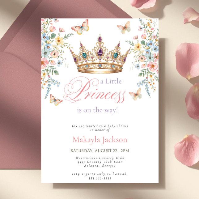 Invitation Princess Gold Crown Floral Butterfly Baby Shower (Créateur téléchargé)