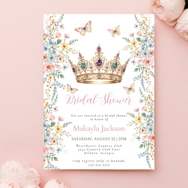 Invitation Princess Gold Crown Floral Butterfly bridal shower (Créateur téléchargé)