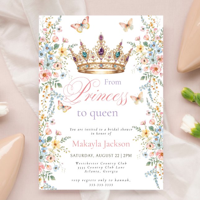 Invitation Princess Gold Crown Floral Butterfly bridal shower (Créateur téléchargé)