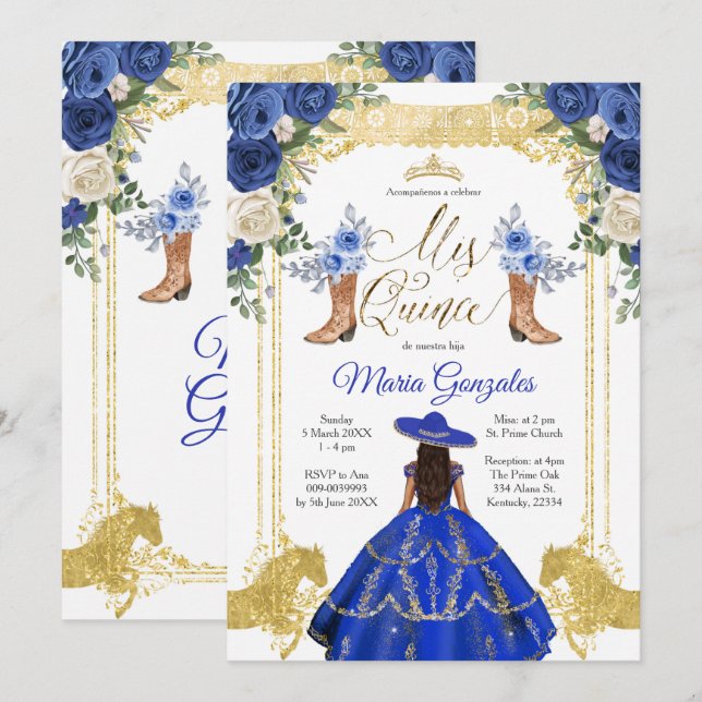 Invitation Princess Gold Navy Bottes Charra 15th Anos 2 (Devant / Derrière)