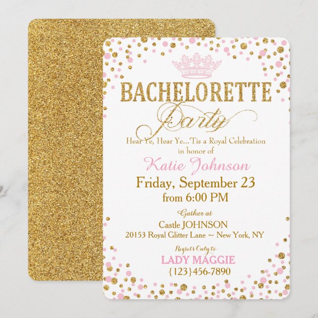 Invitation Princess Gold Parties scintillant Sprinkle Bachelo (Devant / Derrière)