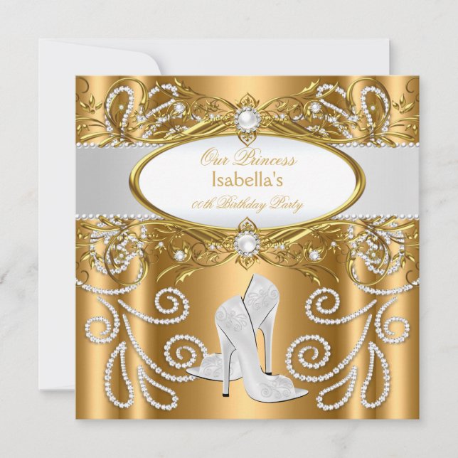 Invitation Princess Gold White Pearl Diamond talons hauts (Devant)