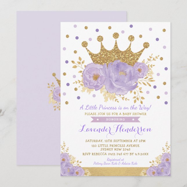 Invitation Princess Lavender Gold Baby shower Floral de la Co (Devant / Derrière)