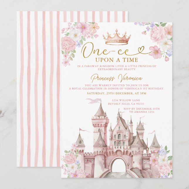 Invitation Princess ONE-CE Upon a time Birthday Castle Crown (Devant / Derrière)