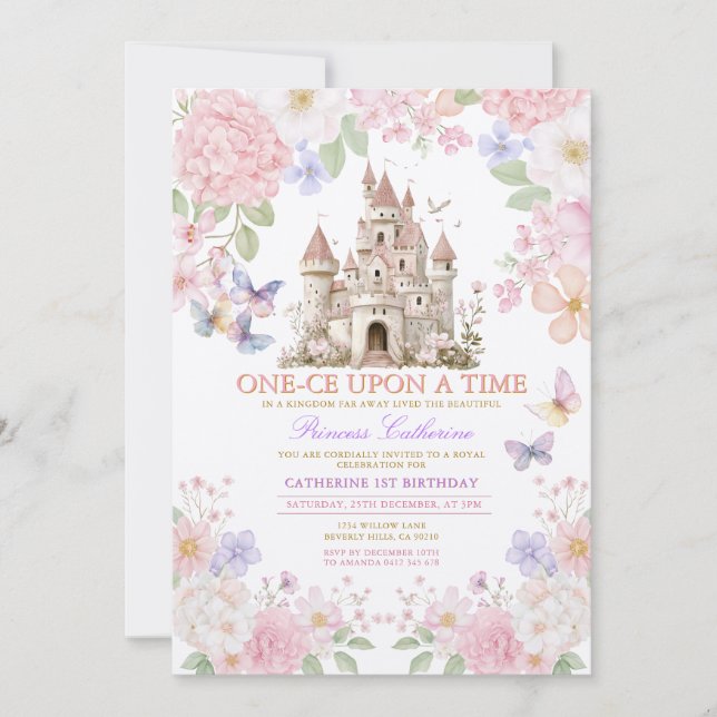 Invitation Princess ONE-CE Upon a time birthday Castle Floral (Devant)