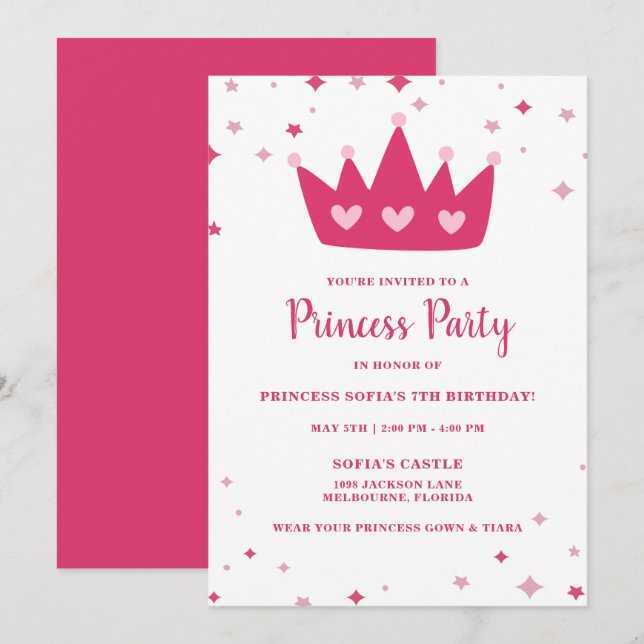 Invitation Princess Party Fille de la Couronne rose fête d'an (Devant / Derrière)