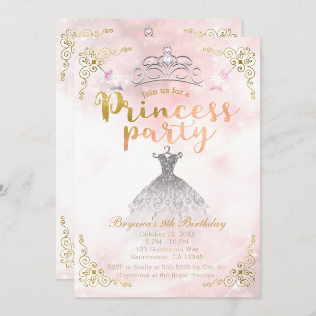 Invitation PRINCESS PARTY Pink Sparkday Party TOUT ÂGE (Devant / Derrière)