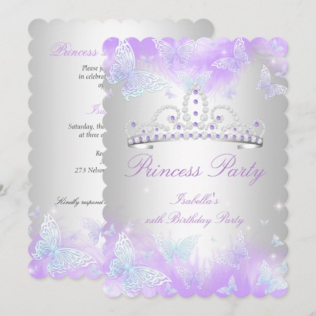 Invitation Princess Party Purple Turquoise Bleu Tiara Papillo (Devant / Derrière)