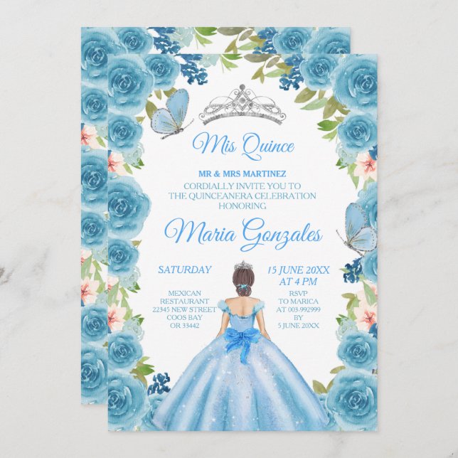 Invitation Princess Pastel Blue Roses & Butterfly Mis Quince (Devant / Derrière)
