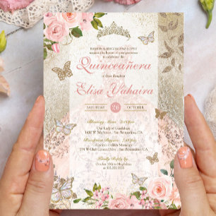Invitation Princess Pink Gold Rose Butterfly Glam Quinceanera