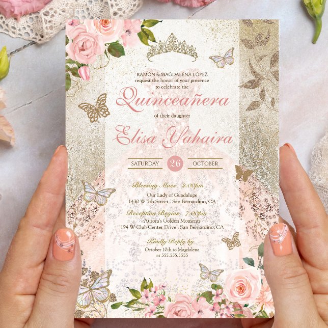 Invitation Princess Pink Gold Rose Butterfly Glam Quinceanera (Créateur téléchargé)