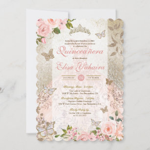 Invitation Princess Pink Gold Rose Butterfly Glam Quinceanera