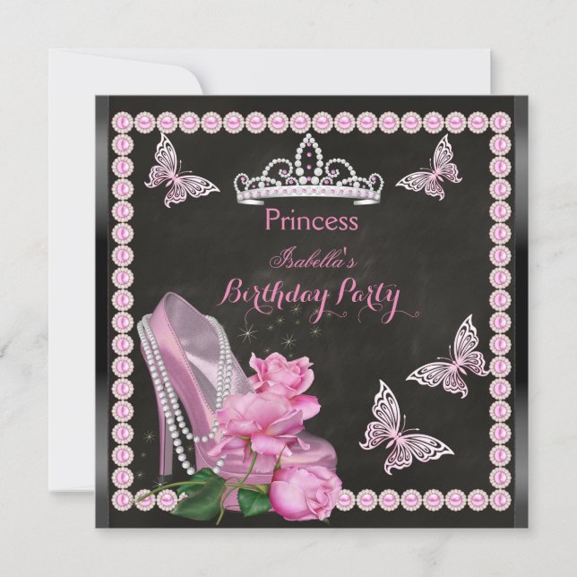 Invitation Princess Pink High Heel Rose Pearl Chalkboard (Devant)