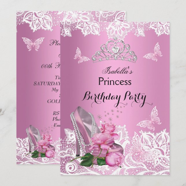 Invitation Princess Pink High Heure Rose dentelle fête d'anni (Devant / Derrière)