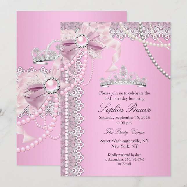 Invitation Princess Pink Pearl Bow Lace Anniversaire A (Devant / Derrière)