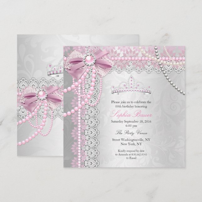Invitation Princess Pink Pearl Bow Lace Argent Anniversaire (Devant / Derrière)