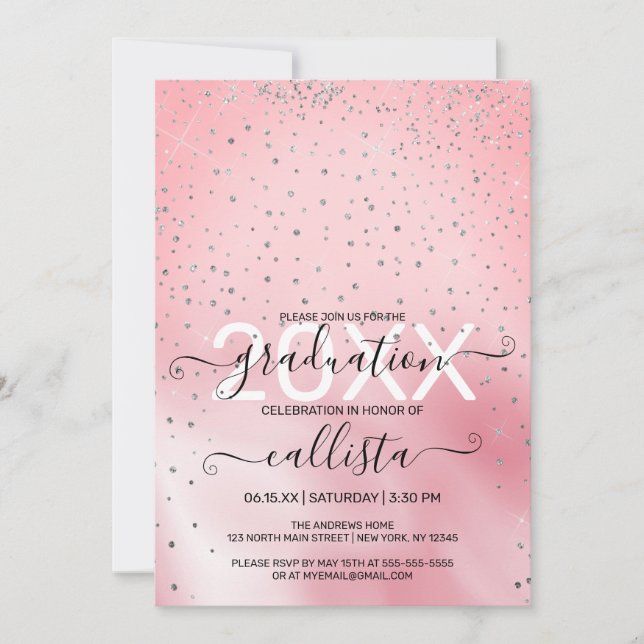 Invitation Princess Pink Silver Parties scintillant Confetti  (Devant)