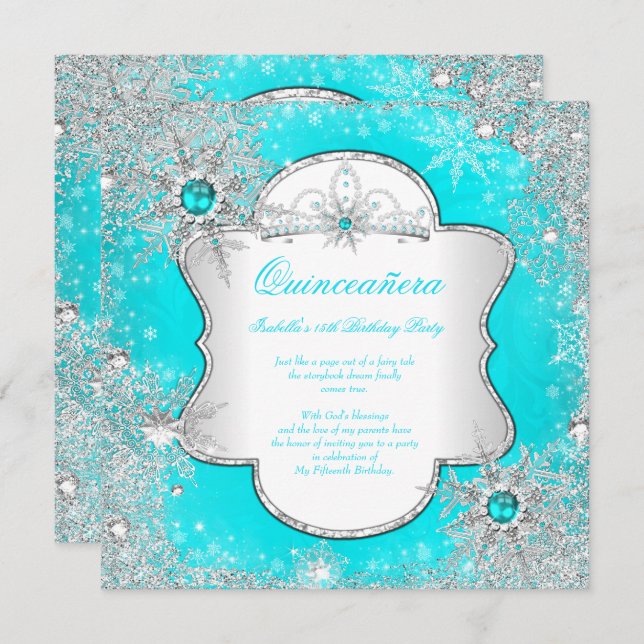 Invitation Princess Quinceanera Aqua Turquoise Winter Wonderl (Devant / Derrière)