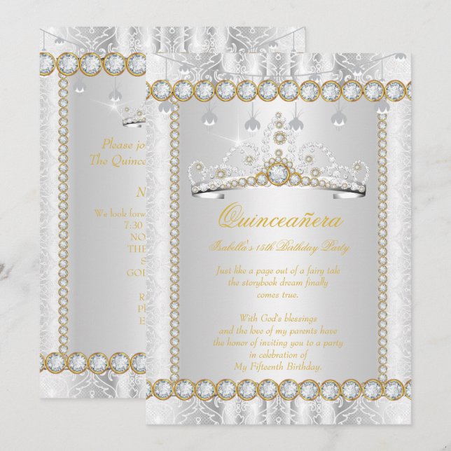 Invitation Princess Quinceanera Diamond Lace Or Argent (Devant / Derrière)