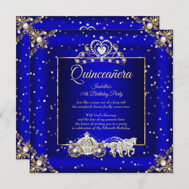Invitation Princess Quinceanera Elite Royal Blue Gold Sparkle (Devant / Derrière)