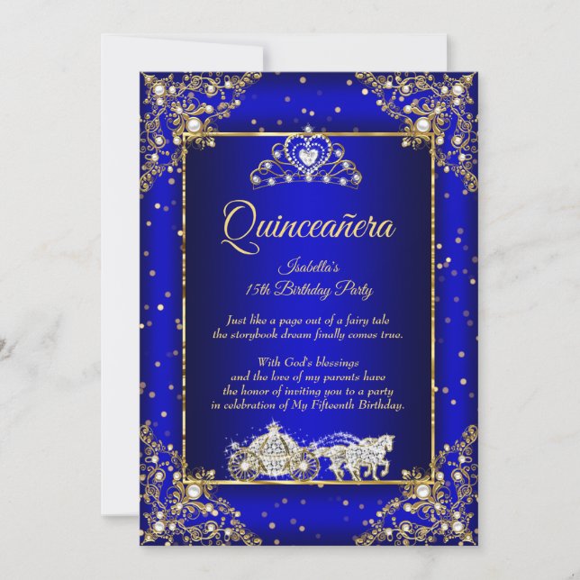Invitation Princess Quinceanera Elite Royal Blue Gold Sparkle (Devant)