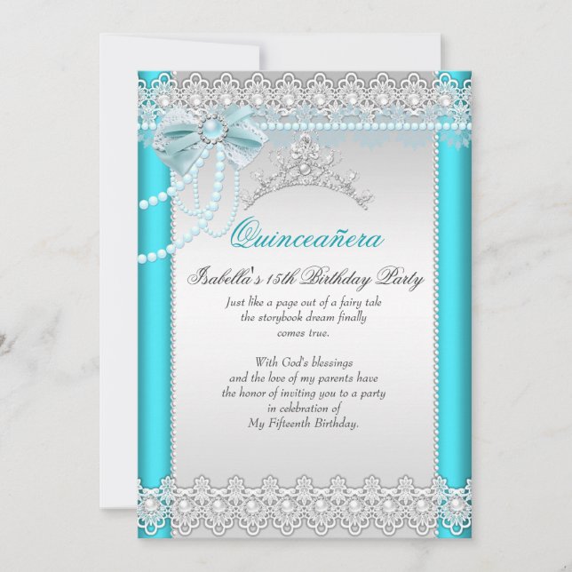 Invitation Princess Quinceanera Turquoise Blue Lace Pearl Tia (Devant)