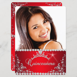 Invitation Princess Red Quinceanera Photo Silver Tiara