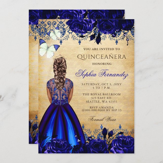 Invitation Princess Royal Blue Butterfly Quinceañera (Devant / Derrière)