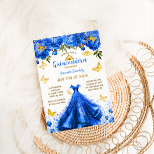 Invitation Princess Royal Blue Quinceanera Floral Butterfly