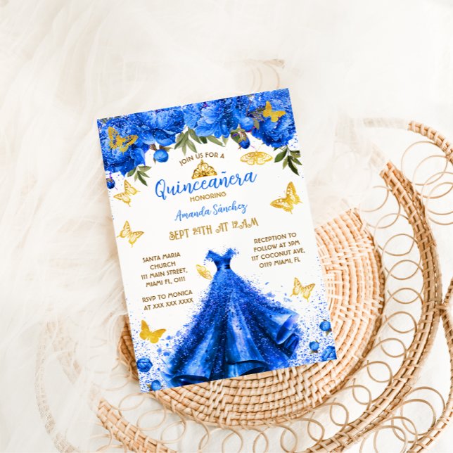 Invitation Princess Royal Blue Quinceanera Floral Butterfly (Créateur téléchargé)