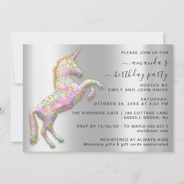 Invitation Princess Royal Gold Parties scintillant Unicorn Pi (Devant)