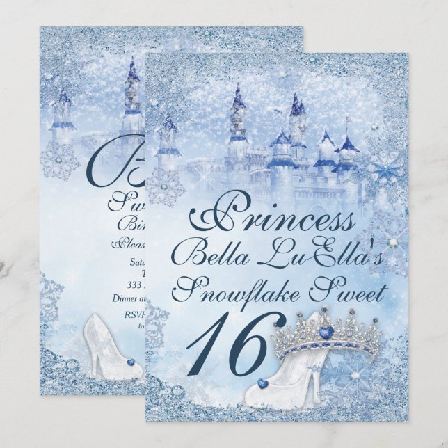 Invitation Princess Snowflake Sweet 16 Mis Quince (Devant / Derrière)