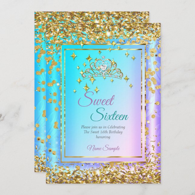 Invitation Princess Sweet 16 Gold Turquoise Purple Party (Devant / Derrière)