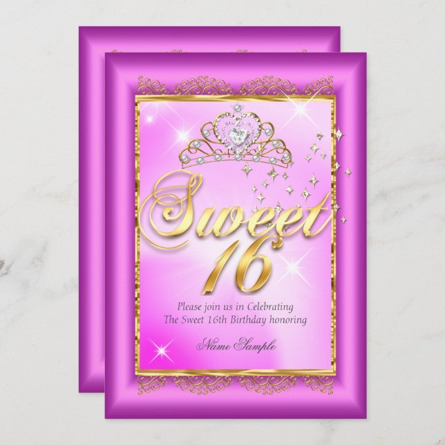Invitation Princess Sweet 16 Hot rose Magenta Gold Party (Devant / Derrière)