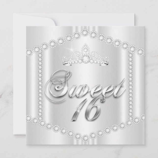 Invitation Princess Sweet 16 Party Argent Blanc Diamant Trim (Devant)