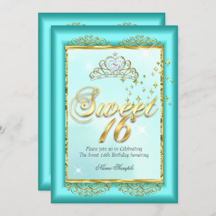 Invitation Princess Sweet 16 Turquoise Blue Gold fête d'anniv