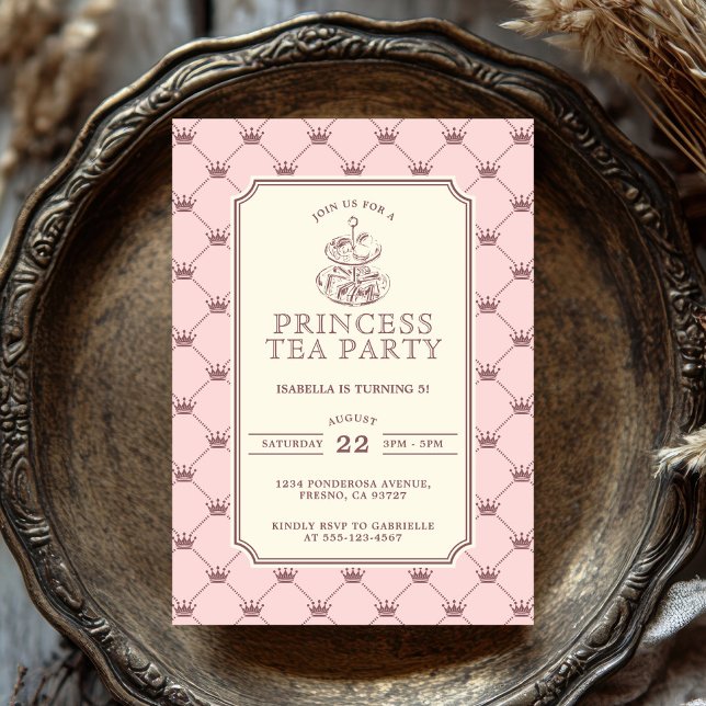 Invitation Princess Tea Party Elegant Pink Crown Pattern (Créateur téléchargé)