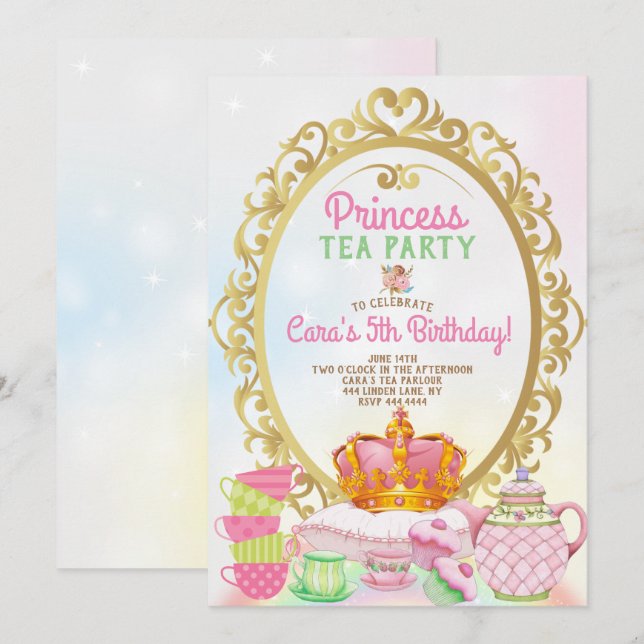 Invitation Princess Tea Party fête d'anniversaire (Devant / Derrière)