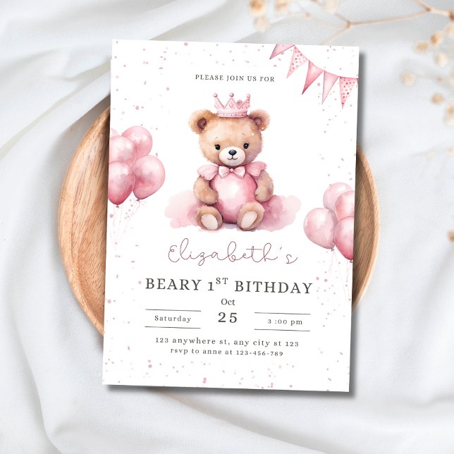 Invitation Princess Teddy Bear Beary 1st Birthday Pink Girls (Créateur téléchargé)