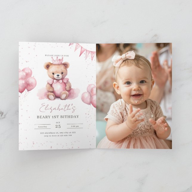 Invitation Princess Teddy Bear Beary 1st Birthday Pink Girls (Intérieur)