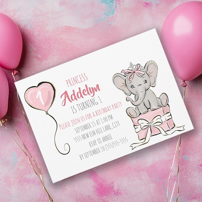 Invitation Princess Tiara Elephant Pink Balloon 1er anniversa (Baby elephant little girl's 1st birthday party invitation formatted horizontally)