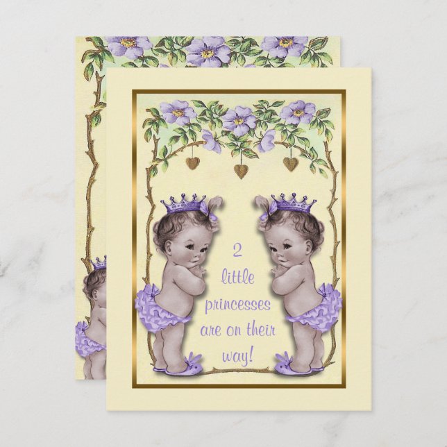 Invitation Princess Twin Vintage Roses & Baby shower Coeurs (Devant / Derrière)
