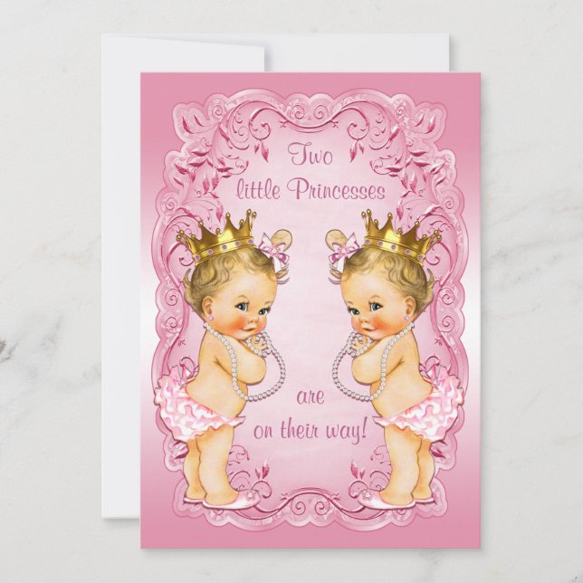 Invitation Princess Twins roses avec Baby shower Pearls (Devant)