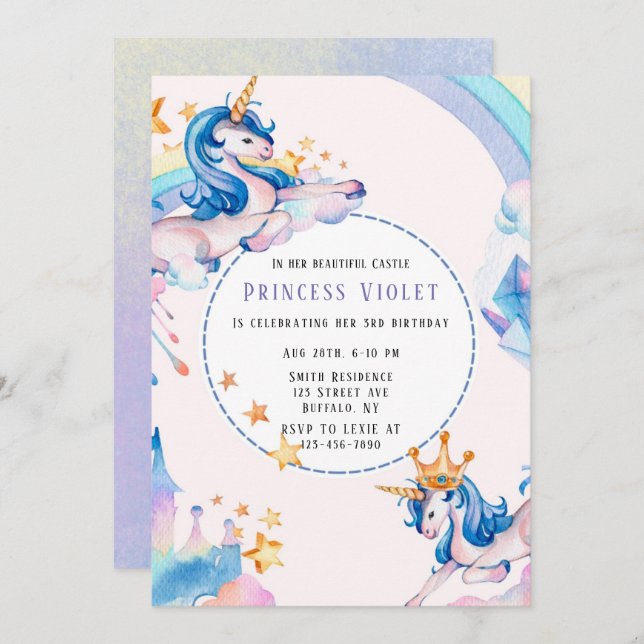 Invitation Princess Unicorn Castle 00e fête d'anniversaire (Devant / Derrière)
