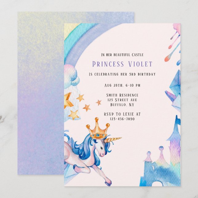 Invitation Princess Unicorn Castle 00e fête d'anniversaire (Devant / Derrière)
