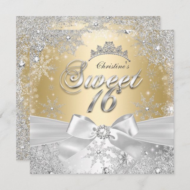 Invitation Princess Winter Wonderland Gold Sweet 16 Party (Devant / Derrière)